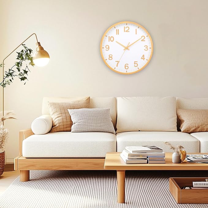 Wall Clocks Battery Operated 10 inch Modern Wall Clock,Silent Non Ticking Wall Clock for Living Room Bedroom Kitchen Office Classroom Decor (Wood Grain Yellow White)