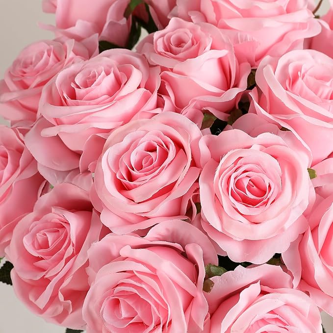 Kisflower 60 Pcs Pink Roses Artificial Flowers Bulk, Silk Roses with Stems Realistic Roses Artificial for Decoration DIY Wedding Bouquet Bridal Shower Party Home Table Centerpieces Decor (Pink)