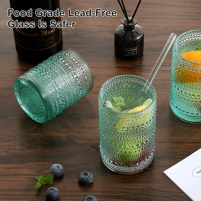 ZMOWIPDL Vintage Glassware Drinking Glasses Set of 12,Light Blue 12oz & 15oz Hobnail Glass Cups,Embossed Water Tumbler,for Beer,Cocktail,Whiskey,Juice and Various Mixed Drinks- 1 Cleaning Brush