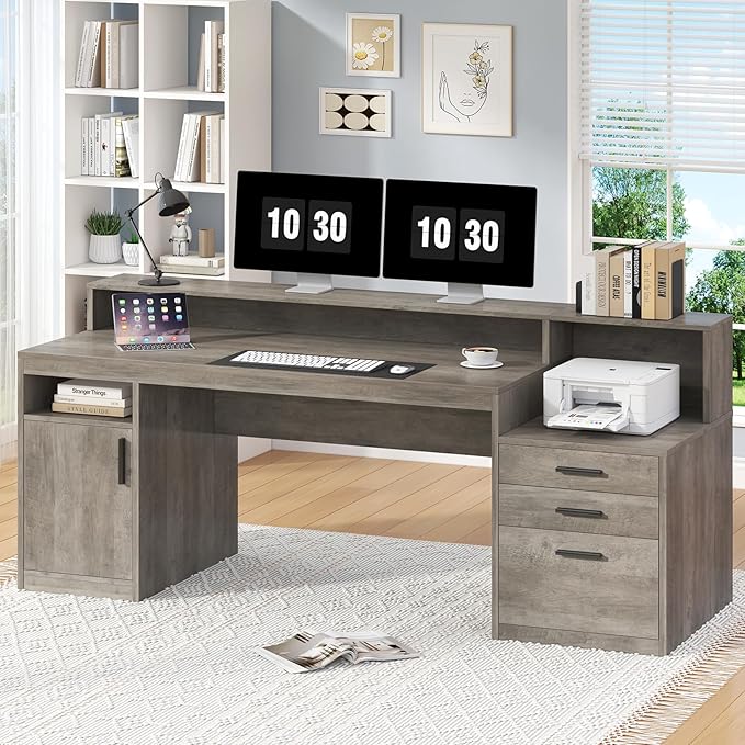 Executive Computer Desk with 3 Drawers & Storage Shelves, 65 Inch Home Office Desk with File Drawer & Cabinet, Writing Study Desks with Monitor Stand & Printer Shelf, Executive Desk, Grey