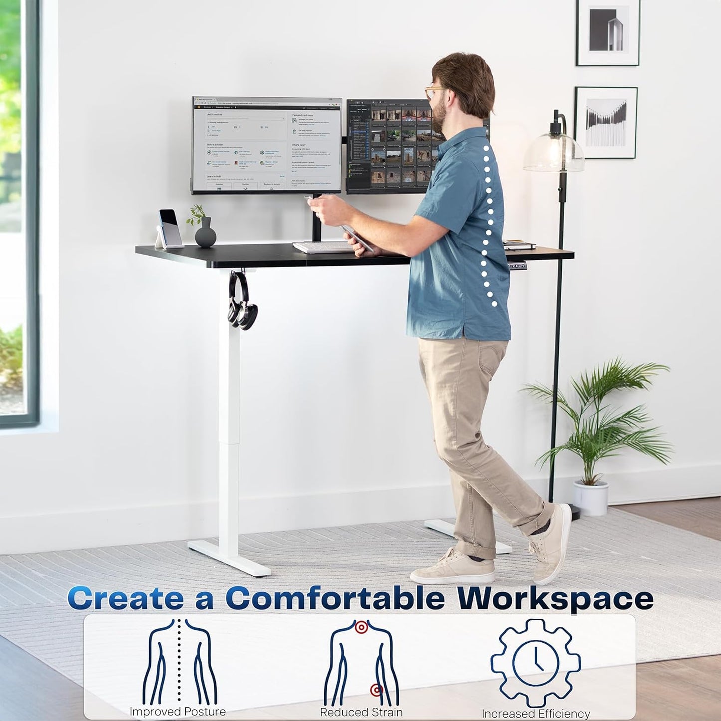 VIVO Electric Standing Desk - 60 x 30 Inch with Memory Height Adjustment - Black Top & White Frame