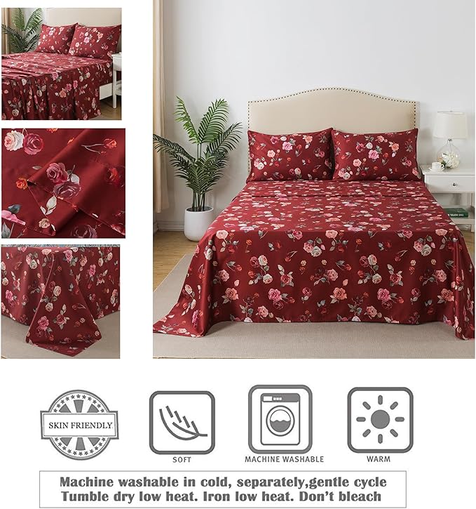 FADFAY Red Rose Sheets Set King Vintage Rose Floral Bedding Chic Rose Flower Bed Sheets Shabby Farmhouse Bedding 100% Percale Egyptian Cotton 800 Thread Count Deep Pocket Fitted Sheet 4Pcs, King Size