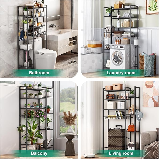 Kalrin 8-Tier Over The Toilet Storage with Side Rack, Over Toilet Storage Rack with Adjustable Shelf & Drain Basket, Freestanding Bathroom Organizer for Balcony, Laundry (Pure Black)