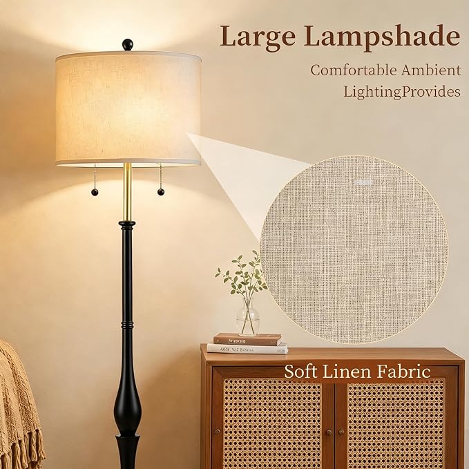 67.5'' Rustic Wooden Floor Lamp with Linen Shade, Farmhouse Floor Lamp for Living Room, Bedroom & Reading Nook, 3-Color Adjustable Tall Lamp with Pull Chain (Black)