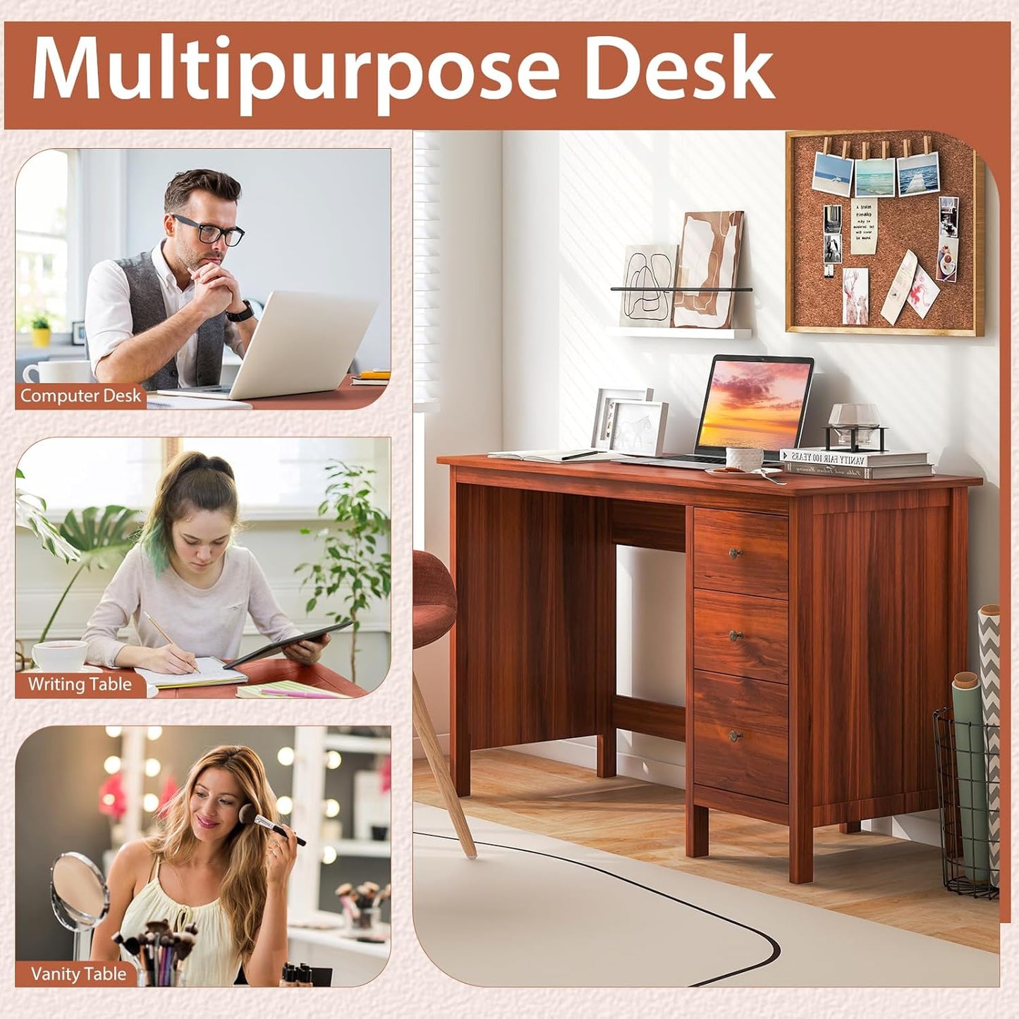 Tangkula Computer Desk - Modern Home Office Desk with 3 Storage Drawers | Compact Writing Workstation