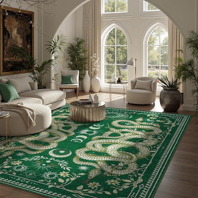 DCX Washable 5x7 Snake Rug, Green Gothic Rug for Living Room, Soft Low Pile Carpet, Kid & Pet Friendly with Rubber Back Non Slip, Stain Resistant Rug for Bedroom Dining Room Office