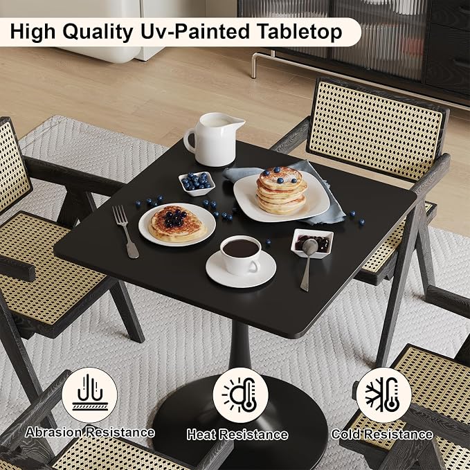 24" Black Tulip Table for Kitchen, Small Square Dining Table for 2 Person, Mid Century Modern Tables with Sturdy Metal Pedestal Base for Living Room, Cafe, Office, Pub, Bar, Bistro