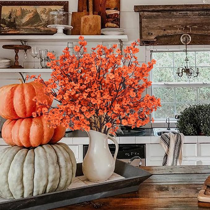 Yastouay Fake Fall Flowers Thanksgiving Table Decor, 15Pcs Fall Orange Faux Artificial Flowers for Decorations, Babys Breath Artificial Flowers Bulk for Thanksgiving Fall Decor Floral Arrangement