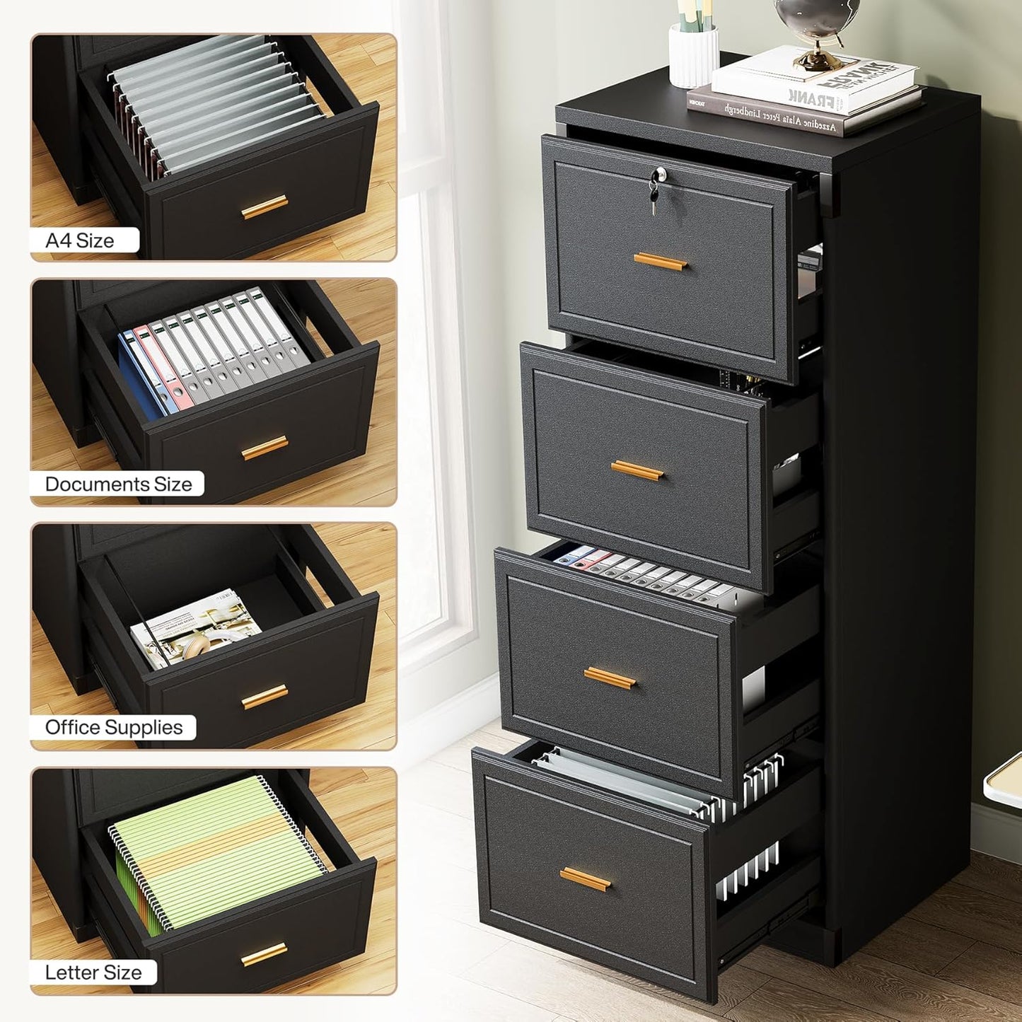 Tribesigns 4-Drawer File Cabinet - Lockable Wooden Filing Cabinet for Home Office | Black, Vertical Storage for Legal/Letter/A4 Files