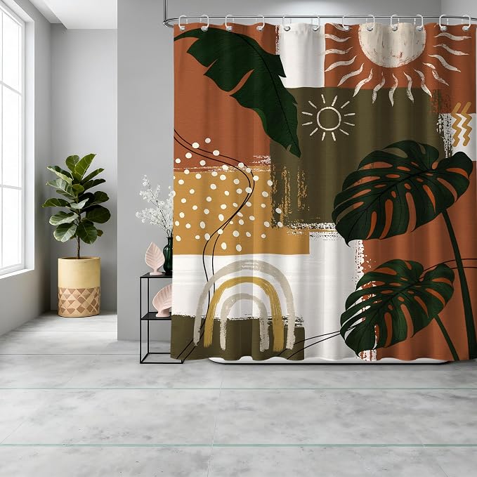 Extra Long Shower Curtain 96 Inchs Extra Tall Mid Century Modern XL Abstract Tropical Shower Curtains for Large Bathroom Decor Sets, Waterproof Cloth Fabric with Hooks, 70 x 96 Inch