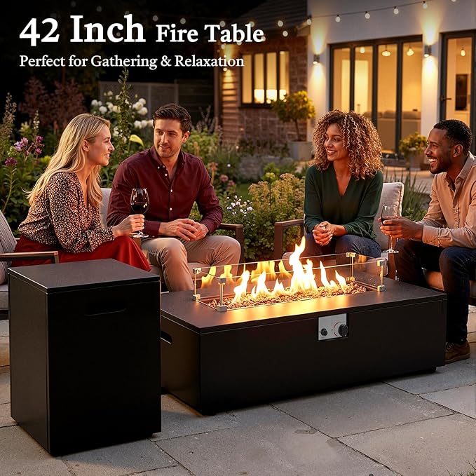Belord 42 Inch Outdoor Propane Fire Pit - 50,000 BTU Iron Rectangular Fire Pit Table with Hidden Tank Table, CSA Certifed, Lid & Guard Glass, 2 in 1 Outdoor Gas Fireplace for Patio Deck, Black