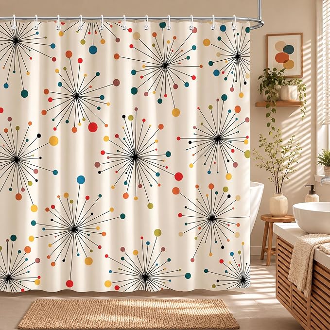 Mid Century Modern Shower Curtain, Vintage Geometric Atomic Abstract Retro Style Beige Boho Art Aesthetic Design Bath Curtains for Bathroom Decor with Hooks, 72"x72" Inch