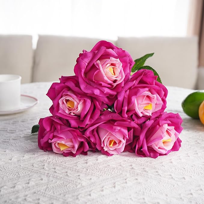 6 Pcs Silk Real Touch Latex Roses, Artificial Single Stem Big Bloom Faux Roses for Home Party Office Wedding Indoor Decor, Floral Arrangements, Table Centerpieces