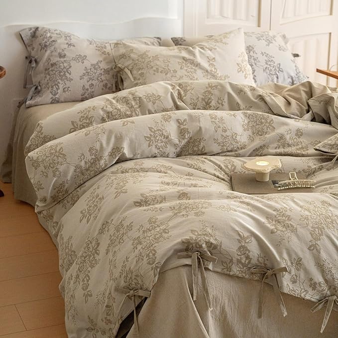 VM VOUGEMARKET Linen Cotton Duvet Cover Set King Retro Monet Flower Bedding Set,Jacquard Yarn-Dyed Textured Comforter Cover with Bowknot-104 x90,Khaki