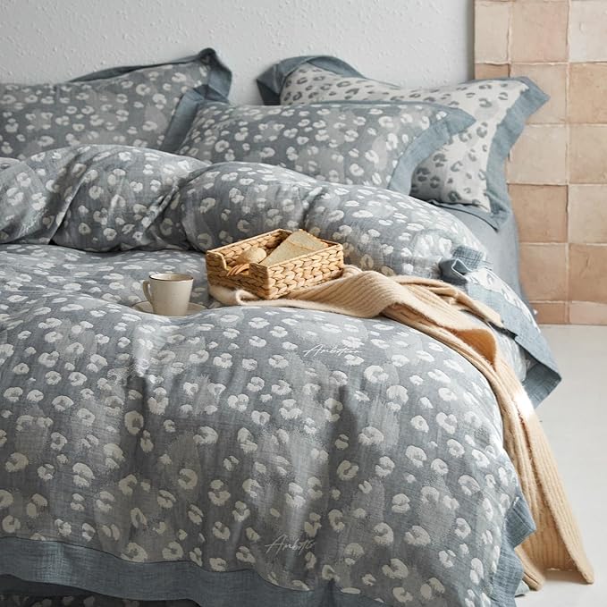 Grey Leopard Print Duvet Cover Queen Yarn-Dyed Cotton Linen Textured Duvet Cover Jacquard Design Bedding Set Queen Vintage Animal Cheetah Print Comforter Cover Leopard Pattern Boho Floral Bedding Set