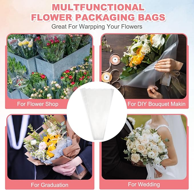 YELARXI Clear Flower Wrapping Bags, Transparent Flower Packaging Bag Waterproof Durable Bouquet Sleeves - Fitting for (Florists/Floral Arrangements Supplies), 9.1x2.6x15.7 Inch & 100Pcs