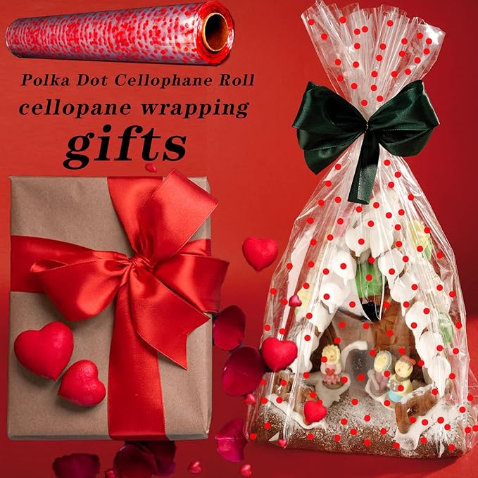 CMFYHM Clear Cellophane Wrap Roll(34" x 120’Ft) 3Mil Red Polka Dot Cellophane, Cellophane Gift Wrap Roll, Cellophane Wrap for Gifts, Baskets, Flowers, Party Decorations