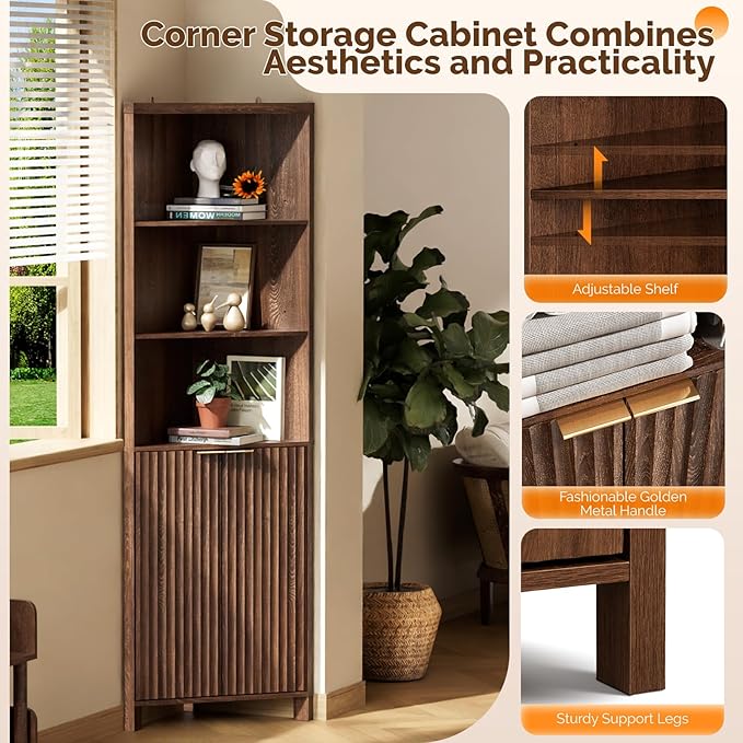 VINGLI Tall Corner Cabinet with Fluted Doors, 68" Walnut Corner Storage Cabinet with Adjustable Shelves, Freestanding Wood Corner Bookshelf for Bathroom, Living Room & Kitchen, Space-Saving