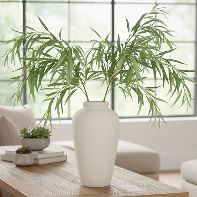 Ceramic Flower Vase,11 Inch Tall Modern Rustic Farmhouse Vases Home Decor,Handmade Pottery Vase Decorations for Living Room,Large Terracotta Floral Vases for Bedroom Table Fireplace Kitchen-White