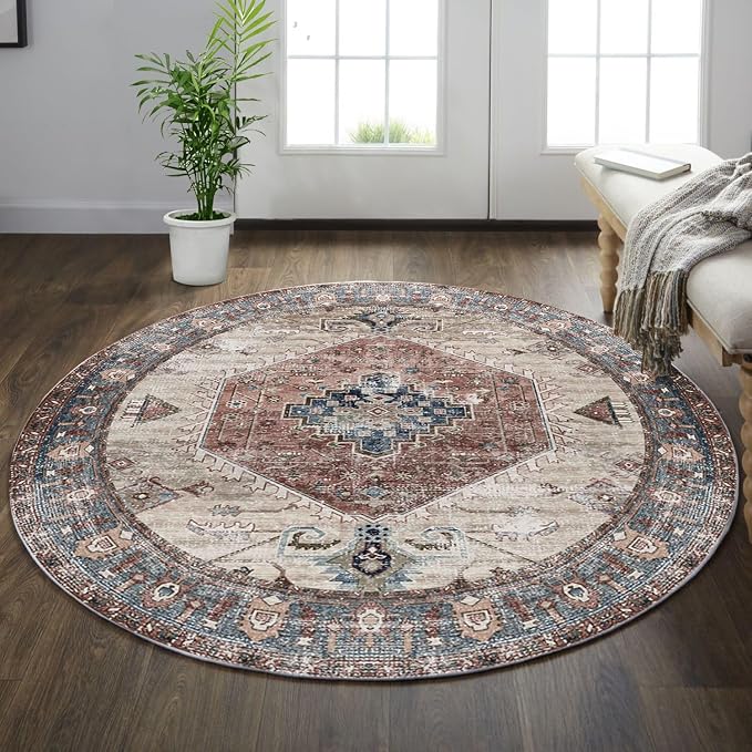 vivorug Round Rug 4ft Vintage Round Area Rug Non-Slip Indoor Carpet for Living Room Bedroom Entryway, Stain Resistant Home Decor Circle Rug, Brown