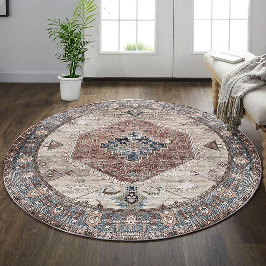 vivorug Round Rug 4ft Vintage Round Area Rug Non-Slip Indoor Carpet for Living Room Bedroom Entryway, Stain Resistant Home Decor Circle Rug, Brown