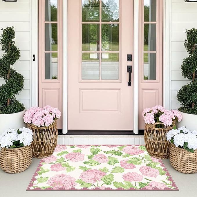 Summer Outdoor Rug - 28" x 43" Front Door Mat Indoor Outside Entrance Non-Slip Washable Outdoor Welcome Mats for Front Door Boho Pink Floral Rug for Entryway Kitchen Bedroom Front Porch Decor