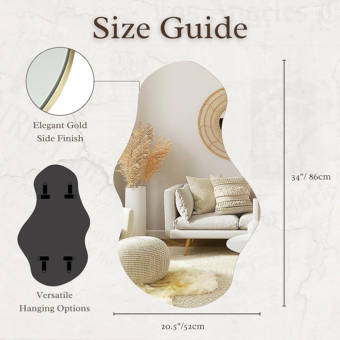 PERFNIQUE Irregular Wall Mirror Asymmetrical Mirror, 34''x20.5'' Decorative Modern Mirrors for Bathroom Bedroom Living Room Entryway, Cloud Frameless Mirror, Wall Mounted (34''x20.5'', Cloud)