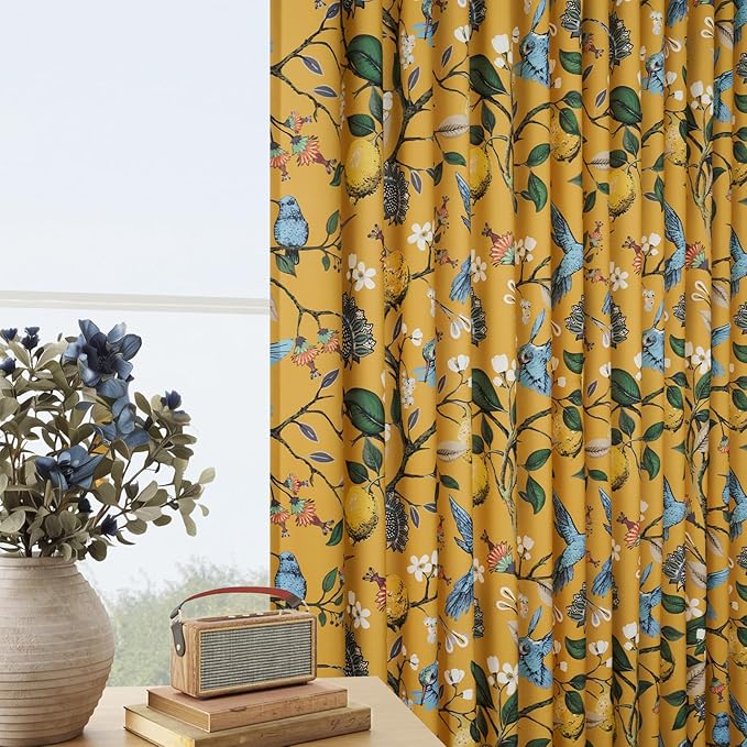 Mustard Yellow Printed Pattern Curtains 96 Inches Long for Living Room Bedroom Pinch Pleated Blackout Vintage Art Deco Anthropologie Vintage Floral Lemon Hummingbird Drape 96 Inch Length 2 Panels