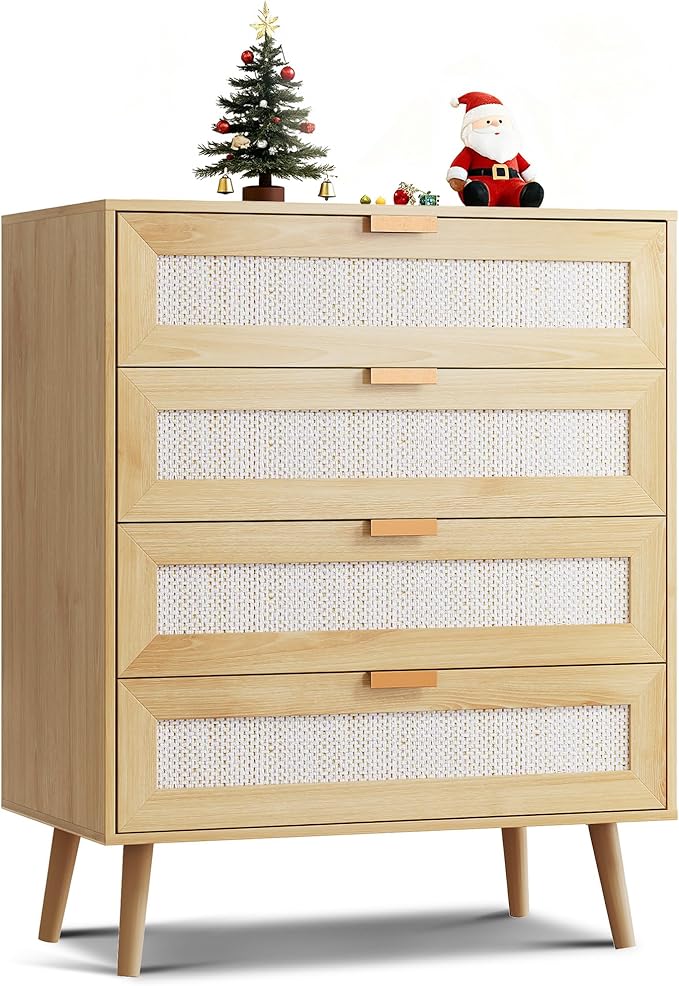 WLIVE Rattan Dresser for Bedroom, 4 Drawer Wooden Boho Dresser Storage with Gold Metal Handle, Chest of Drawers for Living Room, Closet, Hallway, Light Oak