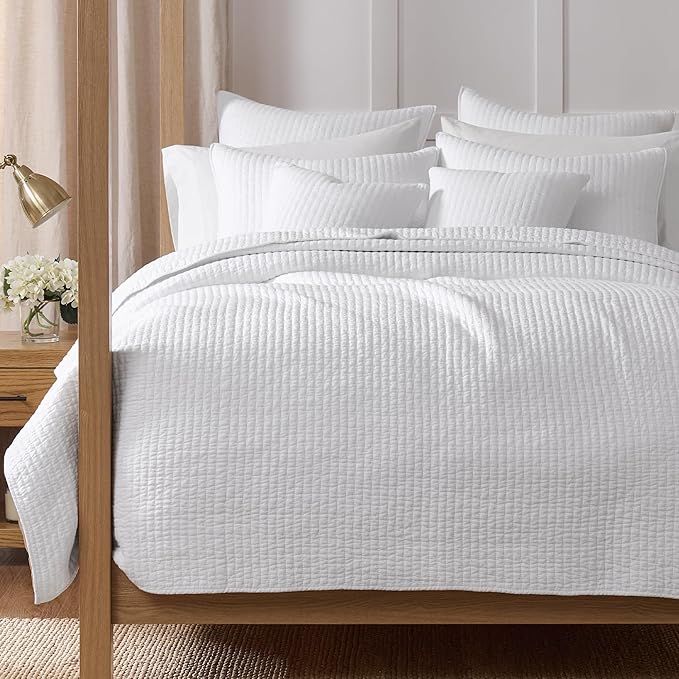 Levtex Home Cross Stitch Reversible King/Cal King Quilt Set (106x92in) and 2 Pillow Shams (36x20in) - Stitch Texture - Bright White - Cotton King Size Quilt Bedding Set - Lightweight Soft Pre-Washed