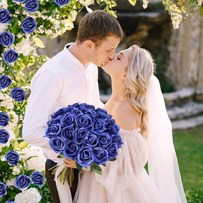 30 Pcs Rose Artificial Flowers in Bulk Real Touch Long Stem Silk Roses Bouquets Realistic Faux Flowers for Wedding Bridal Shower Home Decor Floral Arrangements Table Centerpiece(Royal Blue)