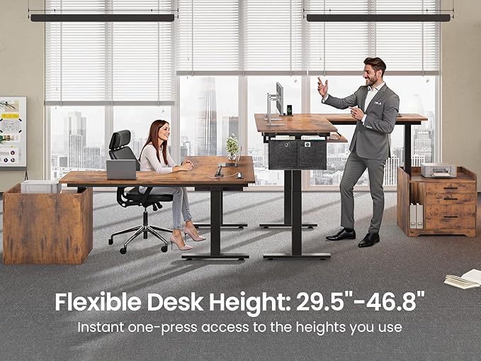 SEDETA L Shaped Electric Standing Desk with File Cabinet, 63 x 53'' Height Adjustable Home Office Computer Desk with 3 Drawers, Power Outlet, Stand up Gaming Table with Led Lights, Rustic Brown