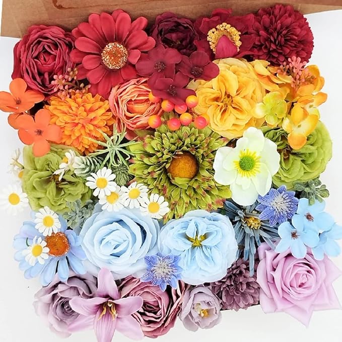 Artificial Flower Combo Set, 37PCS Rainbow Silk Flower Faux Bouquet Set with Stems for DIY Bridal Wedding, Colorful Fake Flowers for Flower Arrangement Party and Home Decor
