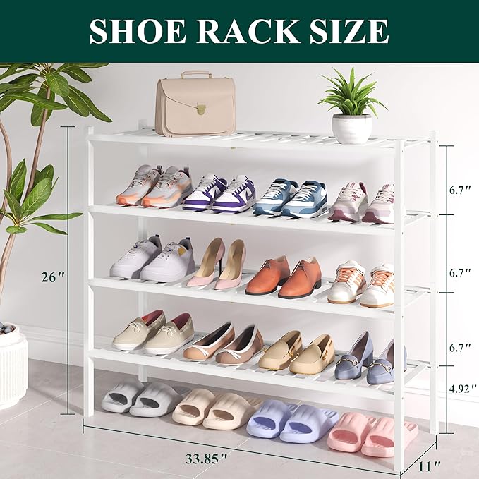 Smiry Bamboo Shoe Rack for Closet, 4 Tier Long Wooden Stackable Shoe Organizer, Free Standing Shoes Storage Shelf for Entryway, Front Door Entrance, White
