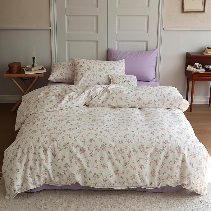 HighBuy Garden Style Floral Queen Comforter Set Lilac Floral Fluffy Soft Cute Flower Bedding Set for Girls Women Vintage Style Botanical Comforter Set,1 Queen Comforter with 2 Pillowcases
