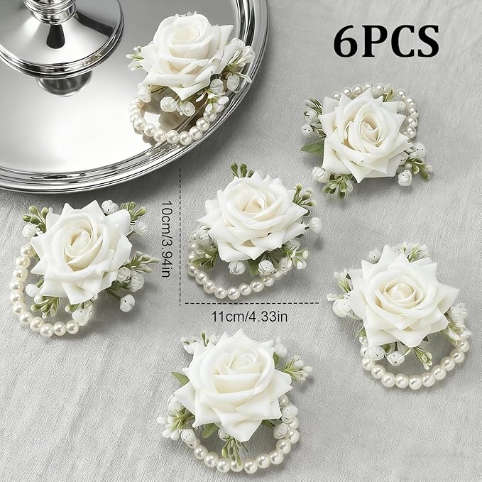 6 PCS Artificial Flowers Wrist Corsage Wristlet Band，Wedding Ball Accessories for Brides, Grooms, Bridesmaids