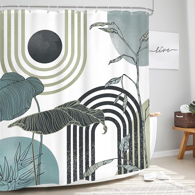 Glawry Green Teal Blue Abstract Shower Curtain Mid Century Boho Retro Tropical Palm Tree Leaves Sun Arch Modern Bathroom Geometric 60Wx72L Inches Bath Accessories Art Home Decor Fabric 12 Pack Hooks