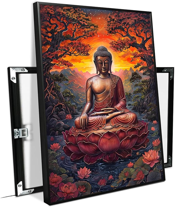 Golden Buddha on lotus seat serene meditation statue amidst lush trees flowing water and sunrise light spiritual home art for a tranquil decor 8x12in Metal blackFramed