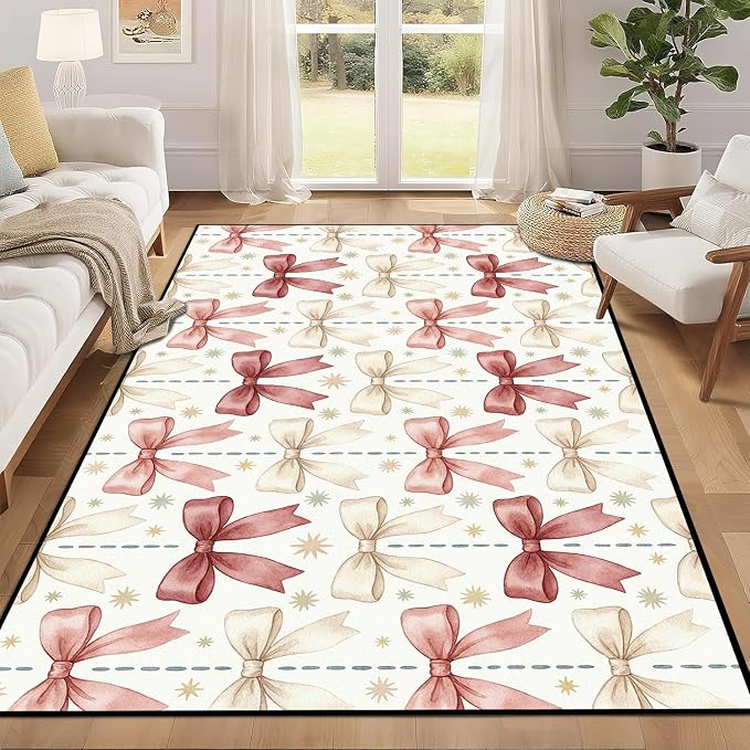 Pink Bowknot Area Rug 6'x9' Watercolor Coquette Aesthetic Non-Slip Washable Carpet for Bedroom Living Room Nursery Kitchen Playroom Home Decor Soft Low Pile Floor Mat