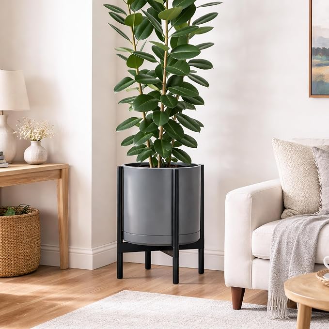 D'vine Dev Ceramic Planter with Ebony Stand - 14 Inch Modern Round Flower Pot with Wood Planter Holder, Grey, 55-B-S-3