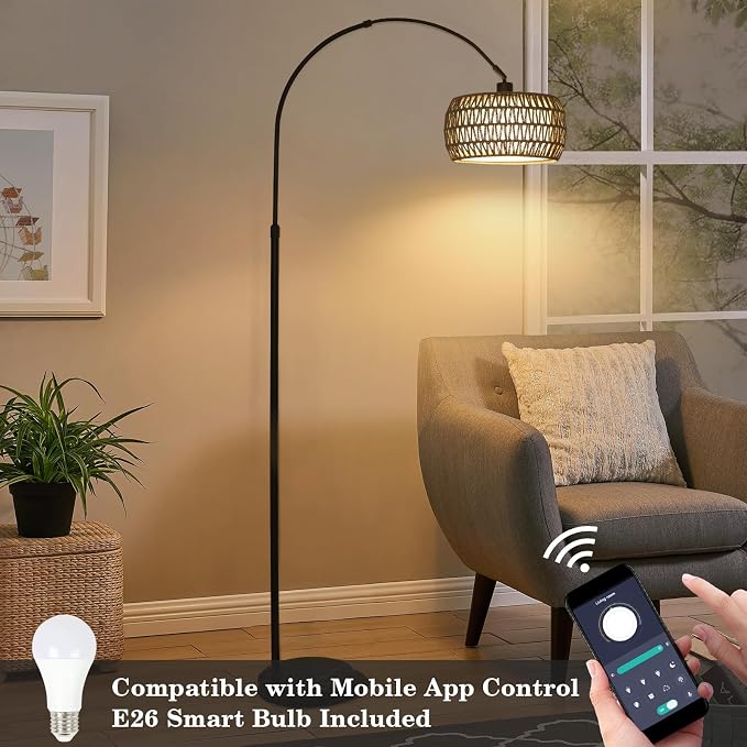 Arc Standing Lamp, Boho Floor Lamps for living room with Remote and LED Dimming Bulb, Rattan Tall Lamp for Bedroom with 3 Color Temperatures, Height Adjustable Farmhouse Stand up Light for Office