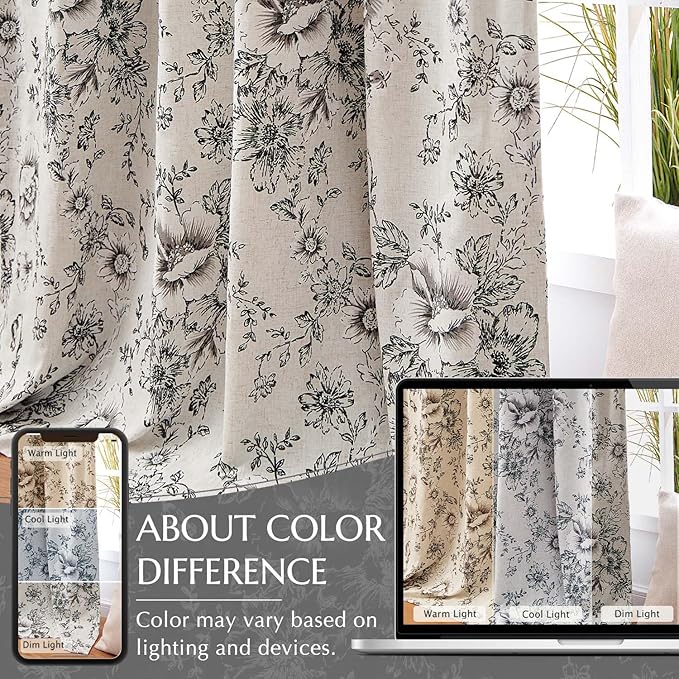 jinchan Blackout Linen Blend Curtain Floral Blackout Curtains for Living Room 120 Inch Length Black Printed with Lined Blackout Curtain for Bedroom Farmhouse Curtains Set 2 Panels