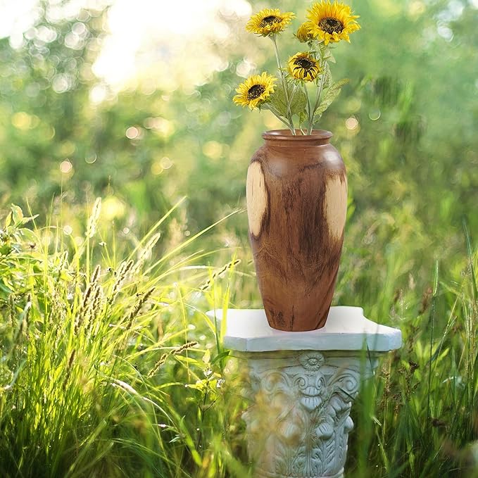 Greenage Natural Acacia Wood Vase Handmade 7.1" 7.1" x 19.7" Handcrafted Solid Wooden Table Flower Holder Rustic Decorative Tall Floor Vase for Living Room Balcony Home Decor