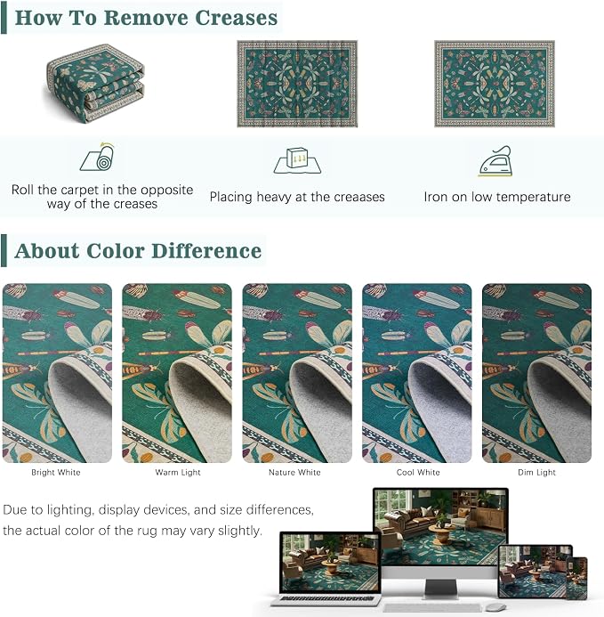 DCX 5x7 Washable Insect Rug, Vintage Gothic Deep Teal Rug with Non-Slip Rubber Backing, Soft Low-Pile, Stain-Resistant, Kid & Pet Friendly, for Living Room, Bedroom, Office, and Nature-Themed Decor