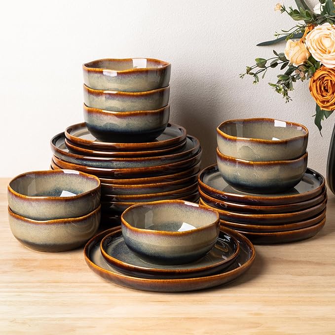 TheTerra Ceramic Dinnerware Sets for 8, 24 Pieces Porcelain Lightweight Plates and Bowls Sets, Scratch Resistant Dish Set, Oven & Microwave & Dishwasher Safe, Coffee Bean