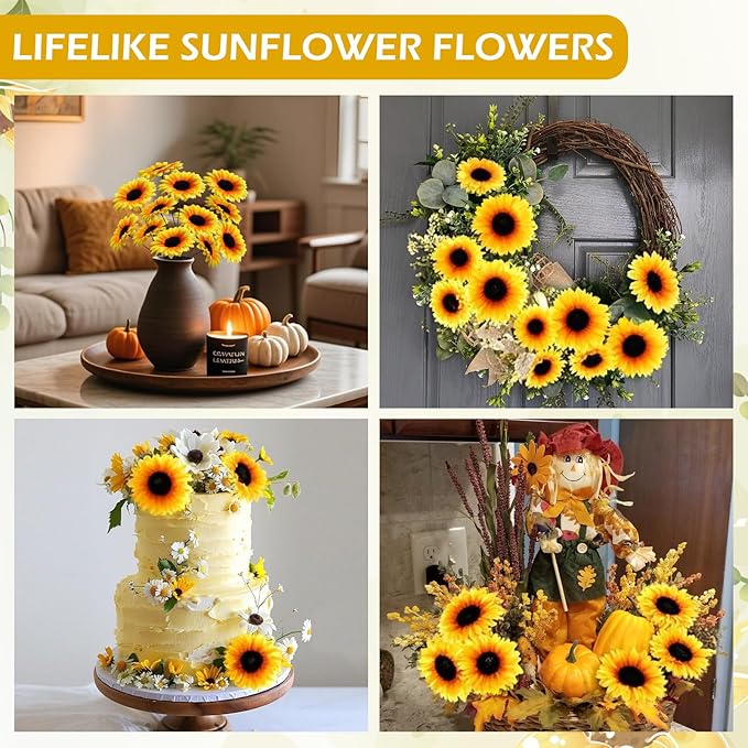 40pcs Fake Sunflower Heads with Stems, 4" Sunflower Artificial Silk Flower Heads for Party Baby Shower Wedding Making Handicrafts Home Decor(Fall Yellow)