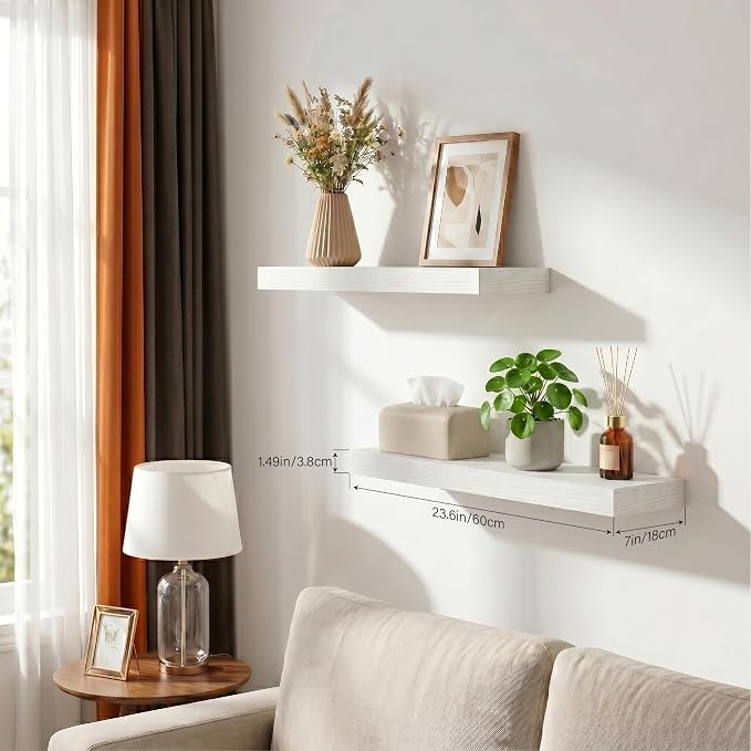 White Floating Shelves Set of 2, 24 Inch Wall Mounted Wood Shelves for Bathroom Over Toilet, Bedroom, Living Room, Kitchen & Office Storage, Modern Display Shelves