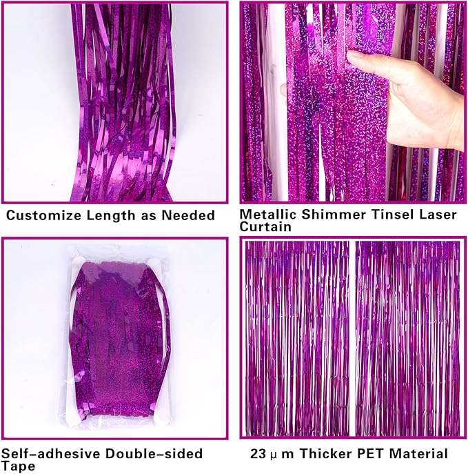 2 Pack 3.2ft x 8.2ft Hot Pink Metallic Tinsel Foil Fringe Curtains, Photo Booth Backdrop Door Curtains Party Streamers for Wedding Birthday Baby Shower Bachelorette Holiday Party Decorations