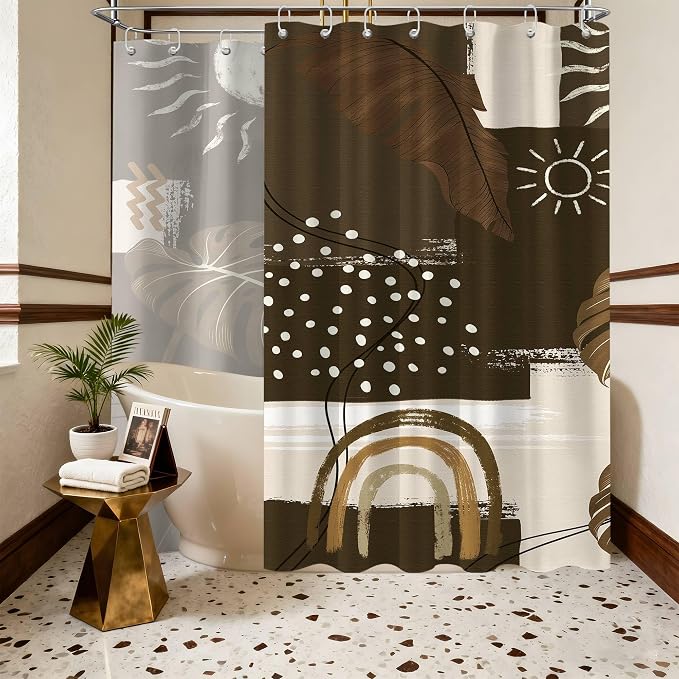 Dark Brown Mid Century Modern Shower Curtain Boho Abstract Khaki Earth Tone Shower Curtains for Bathroom Decor Sets, Waterproof Cloth Fabric with Hooks, 108 x 72 Inch