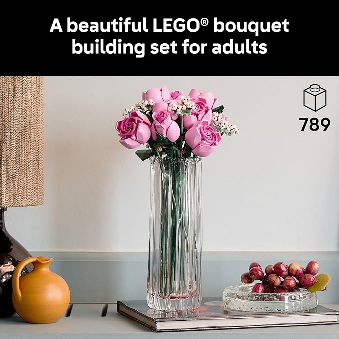 LEGO Botanicals Bouquet of Pink Roses Artificial Flowers - Building Blocks for Adults, Ages 18+ - Flowers for Home Office, Shelf or Room Decor - Gift for Women & Men - 10374